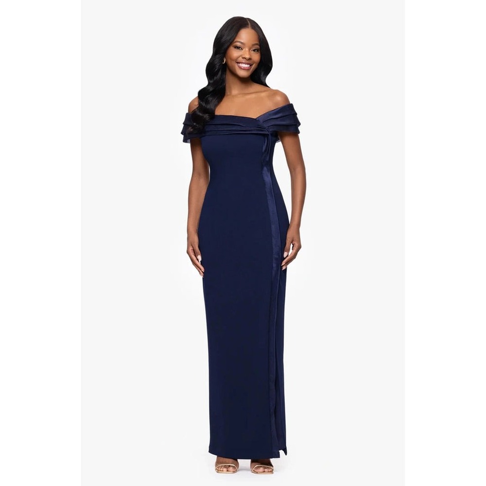 NWT Betsy & Adam Gown Womens Navy Blue Organza Off Shoulder Ruffle Maxi Dress 14
